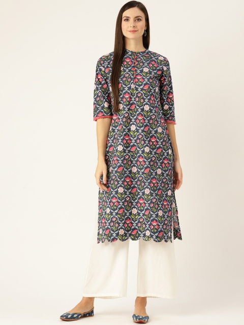

Nayo Women Blue & Pink Floral Print Straight Kurta