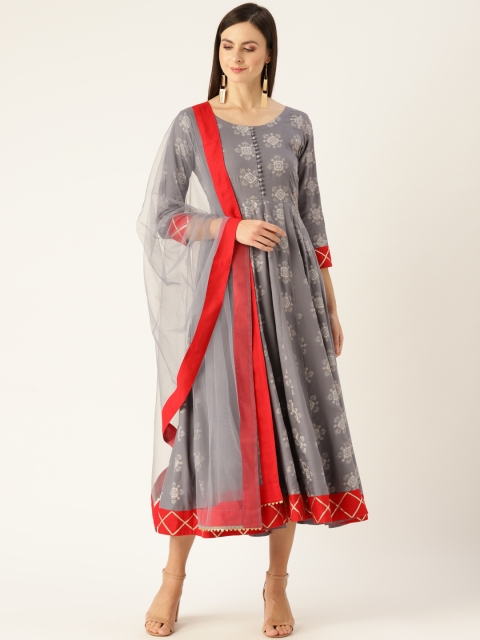 

Nayo Women Grey & White Geometric Print Maxi Dress with Dupatta