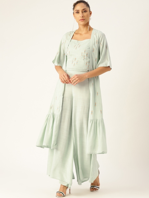 

Nayo Women Sea Green Embroidered Top with Palazzos & Embroidered Shrug