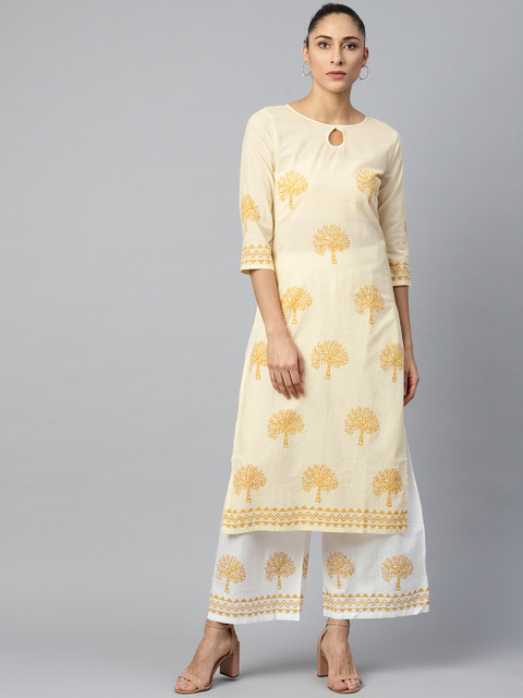 

AASI - HOUSE OF NAYO Women Beige & White Printed Kurta with Palazzos