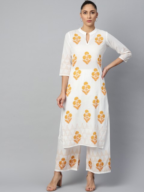 

AASI - HOUSE OF NAYO Women White & Mustard Yellow Ethnic Motifs Print Kurta with Palazzos