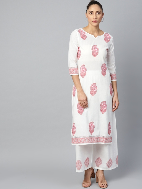 

AASI - HOUSE OF NAYO Women White & Pink Ethnic Motifs Print Kurta with Palazzos