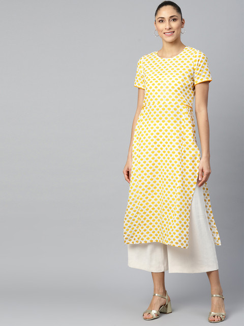 

AASI - HOUSE OF NAYO Women Yellow & Golden Ethic Motifs Print Straight Kurta