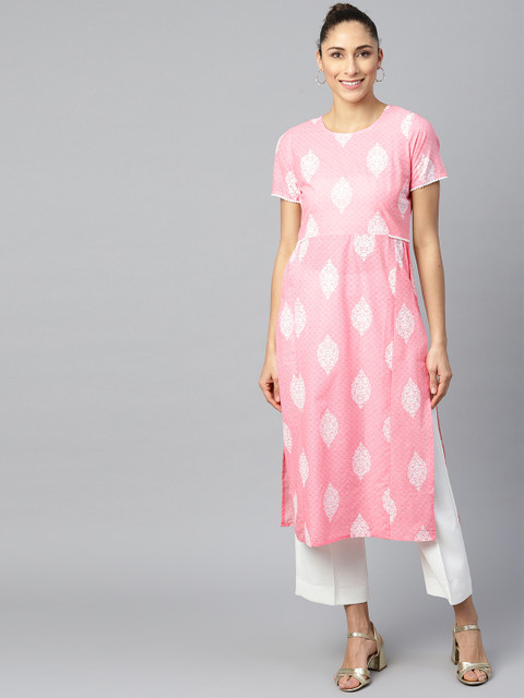 

AASI - HOUSE OF NAYO Women Pink & White Printed Straight Kurta