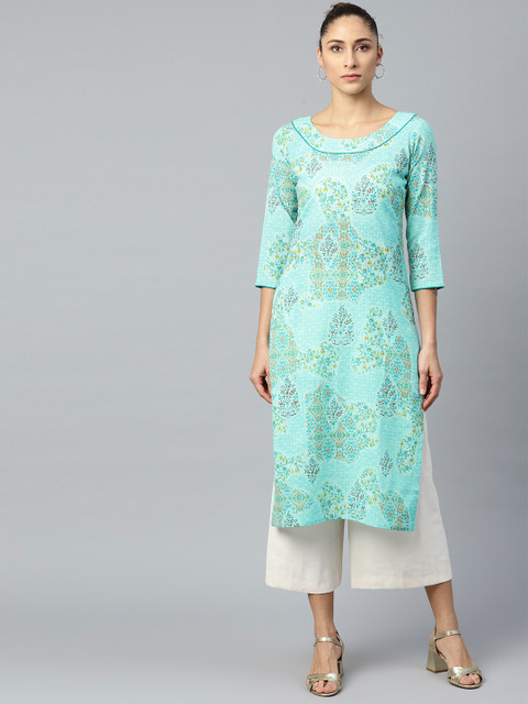 

AASI - HOUSE OF NAYO Women Blue & Mustard Yellow Floral Print Straight Kurta