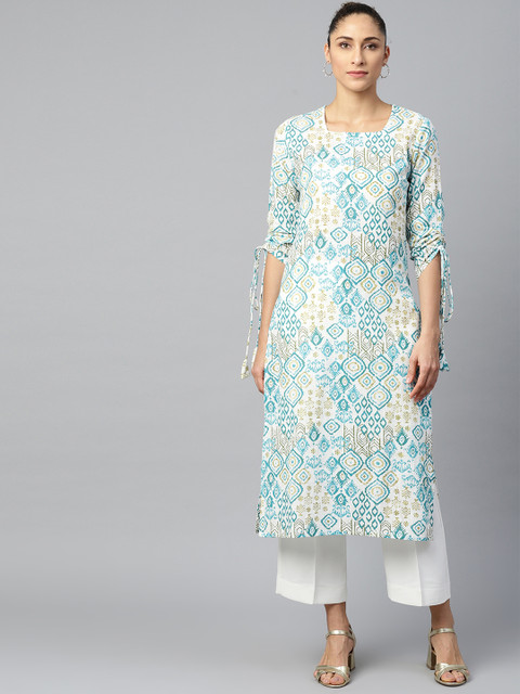 

AASI - HOUSE OF NAYO Women White & Blue Ethnic Motifs Print Straight Kurta with Tie-Ups