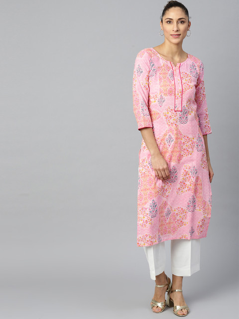 

AASI - HOUSE OF NAYO Women Pink & Navy Blue Floral Print Straight Kurta