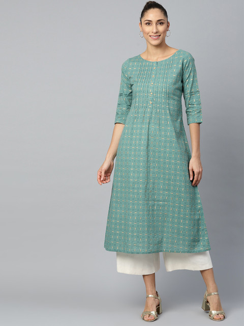 

AASI - HOUSE OF NAYO Women Green & Golden Geometric Print Pintuck Detail A-Line Kurta