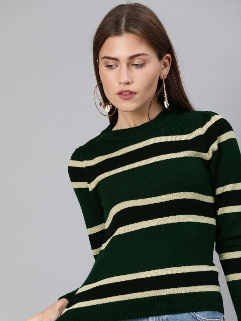 

ONLY Women Green & Off White Striped Pullover Sweater