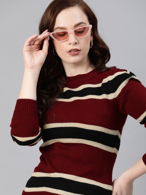 

ONLY Women Maroon & Green Striped Pullover Sweater
