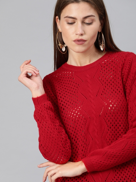 

ONLY Women Red Self Design Open Knit Pullover Sweater