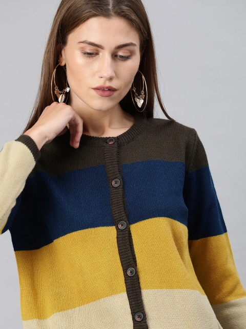 

ONLY Women Mustard Yellow & Navy Blue Colourblocked Cardigan Sweater