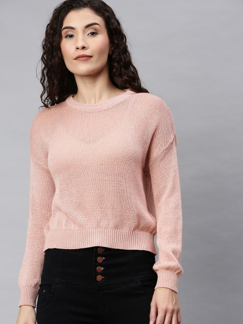 

ONLY Women Pink Self-Striped Pullover Sweater