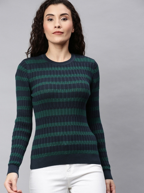 

ONLY Women Navy Blue & Green Striped Pullover Sweater
