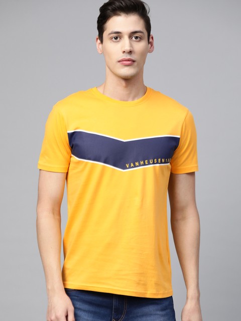 

Van Heusen Sport Men Yellow & Navy Blue Colourblocked Round Neck T-shirt