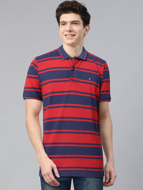 

Van Heusen Sport Men Red & Navy Blue Striped Polo Collar T-shirt