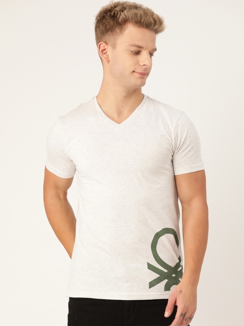 

United Colors of Benetton Men Off-White Brand Logo Print V-Neck T-shirt
