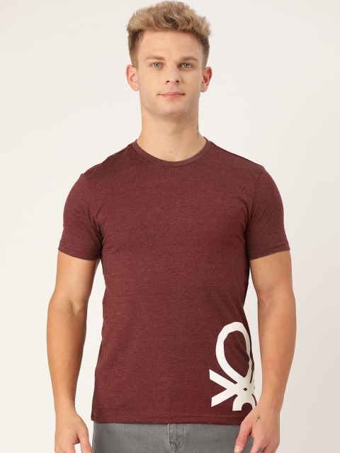 

United Colors of Benetton Men Burgundy Brand Logo Print Round Neck T-shirt