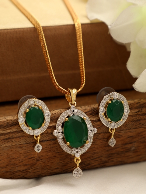 

Bhana Fashion Gold-Plated Green & White AD-Studded Jadau Jewellery Set