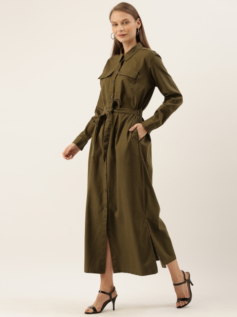 

GAP Women Olive Green Solid Maxi Shirt Dress with Tie-up