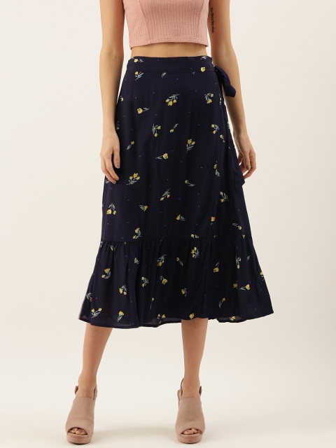 

GAP Navy Blue & Yellow Floral Printed A-Line Midi Skirt