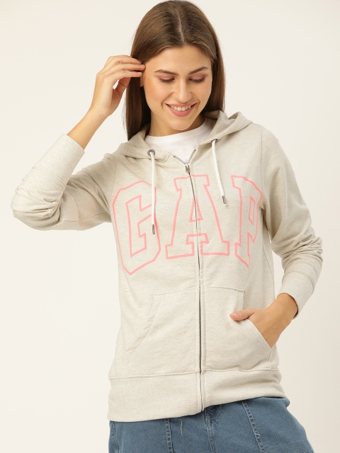 

GAP Women Beige & Pink Printed Hooded Sweatshirt