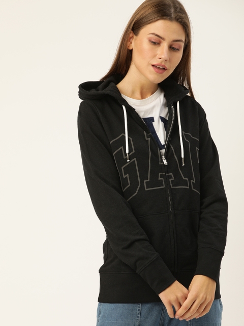 

GAP Women Black & Grey Printed Hooded Sweatshirt