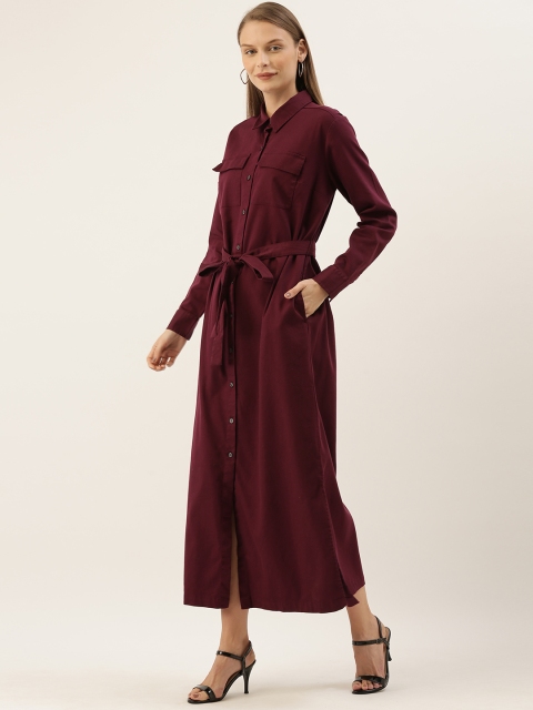 

GAP Women Burgundy Solid Maxi Shirt Dress with Tie-up