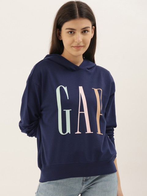 

GAP Women Navy Blue Logo Printed Hooded Sweatshirt