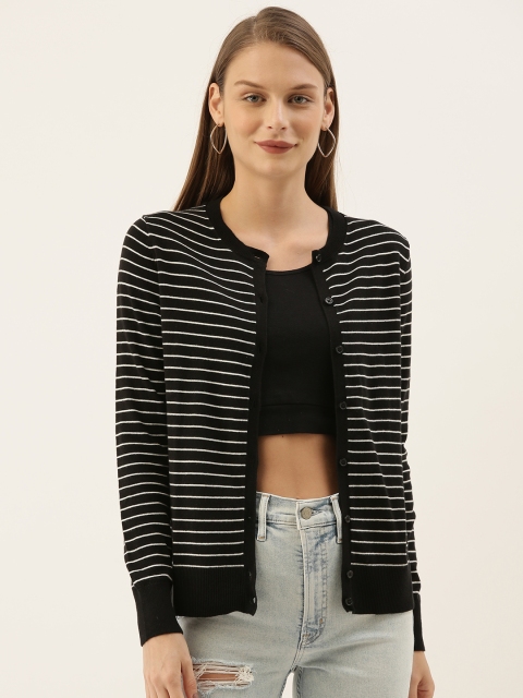 

GAP Women Black Striped Front-Open Sweater