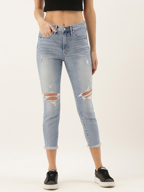 

GAP Women Blue Skinny Fit Mid-Rise DESTROY Slash Knee Cropped Jeans