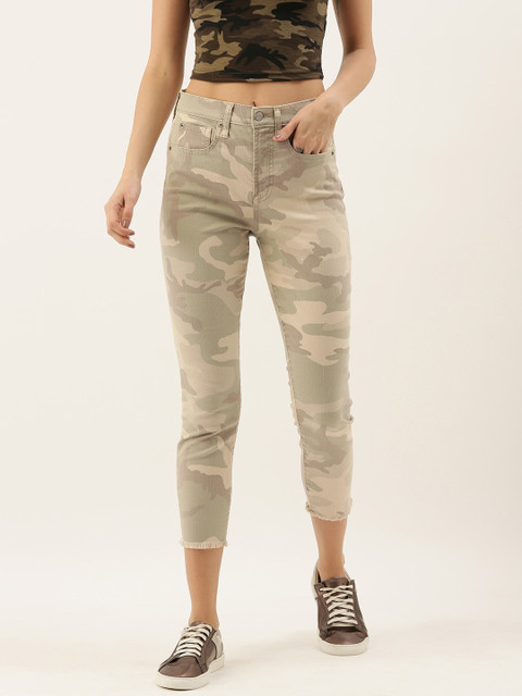 

GAP Women Beige & Olive Green Skinny Fit Camouflage Print High-Rise Clean Look Crop Jeans