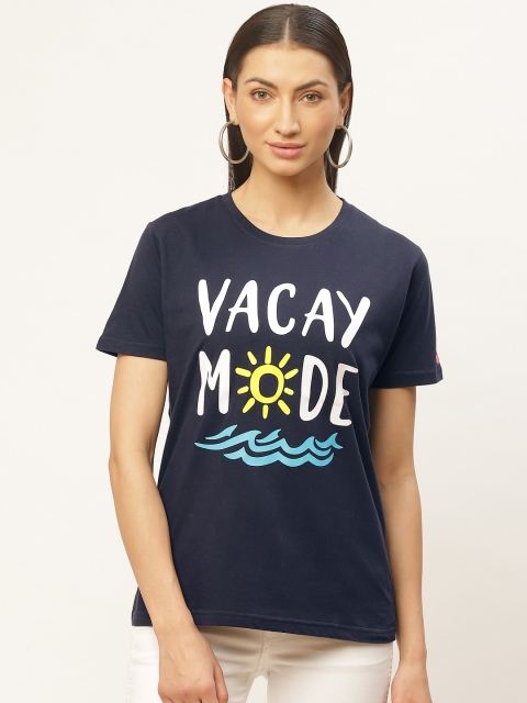 

PRINTOCTOPUS Women Navy Blue & White Printed Round Neck T-shirt