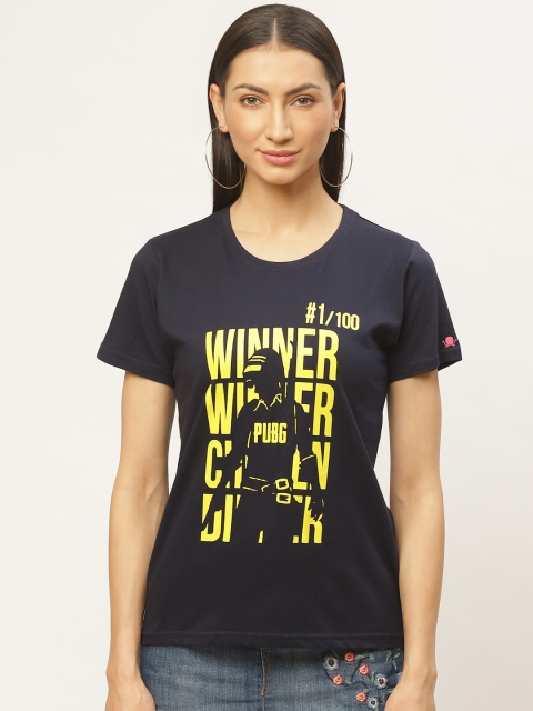 

PRINTOCTOPUS Women Navy Blue Yellow PUBG Print Round Neck Pure Cotton T-shirt