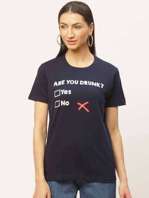 

PRINTOCTOPUS Women Navy Blue & White Printed Round Neck T-shirt