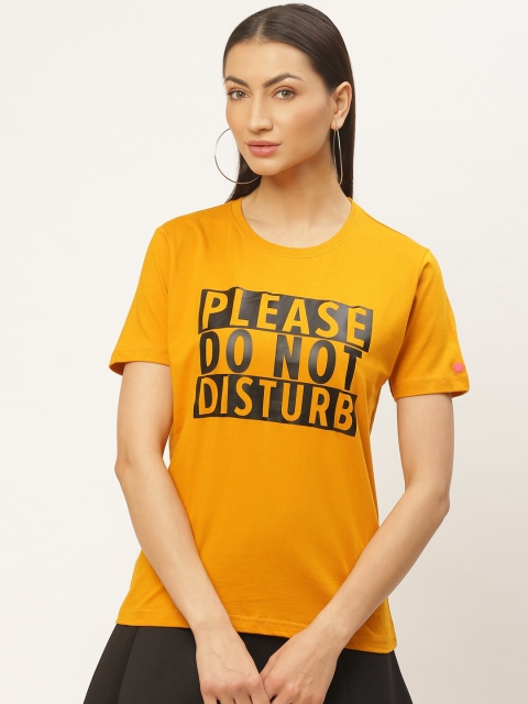

PRINTOCTOPUS Women Mustard Yellow & Black Typography Print Round Neck T-shirt