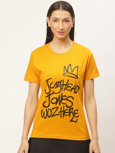 

PRINTOCTOPUS Women Mustard Yellow Black Typography Print Round Neck Pure Cotton T-shirt