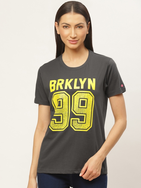 

PRINTOCTOPUS Women Charcoal Grey Yellow Typography Print Round Neck Pure Cotton T-shirt