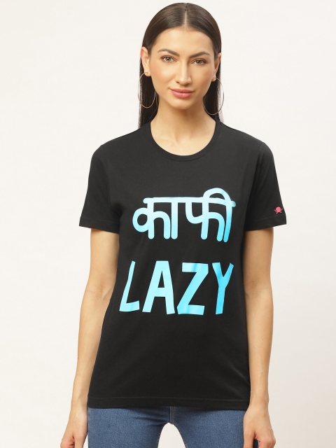 

PRINTOCTOPUS Women Black Blue Typography Print Round Neck Pure Cotton T-shirt