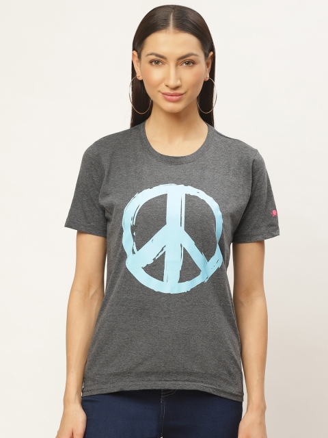 

PRINTOCTOPUS Women Charcoal Grey Blue Peace Print Round Neck Pure Cotton T-shirt