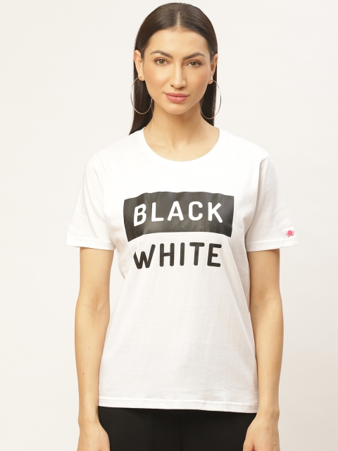 

PRINTOCTOPUS Women White Black Typography Print Round Neck Pure Cotton T-shirt