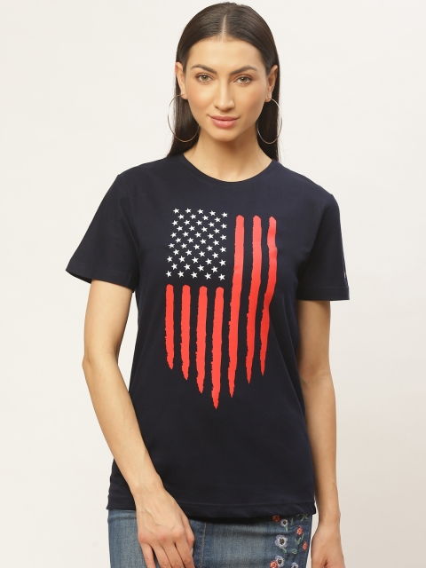 

PRINTOCTOPUS Women Navy Blue Red Printed Round Neck Pure Cotton T-shirt