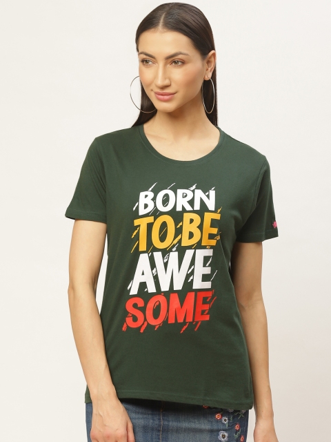 

PRINTOCTOPUS Women Green Printed Round Neck Pure Cotton T-shirt
