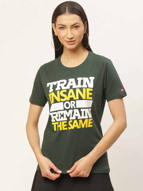 

PRINTOCTOPUS Women Green Printed Round Neck Pure Cotton T-shirt