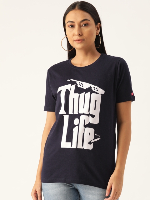 

PRINTOCTOPUS Women Navy Blue & White Printed Round Neck T-shirt
