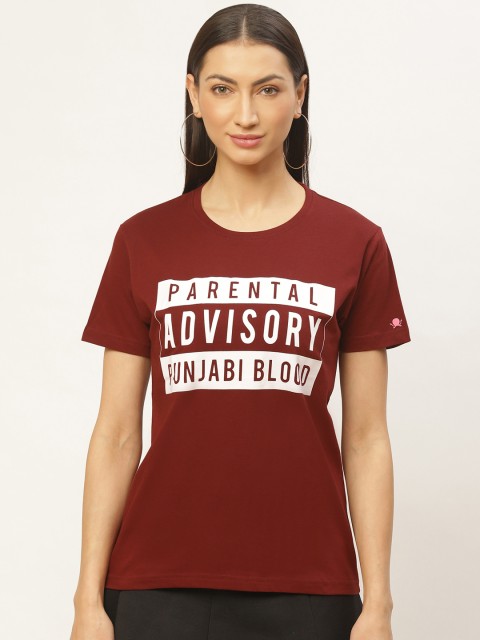 

PRINTOCTOPUS Women Maroon White Printed Round Neck Pure Cotton T-shirt