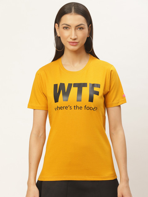 

PRINTOCTOPUS Women Mustard Yellow & Black Typography Print Round Neck T-shirt