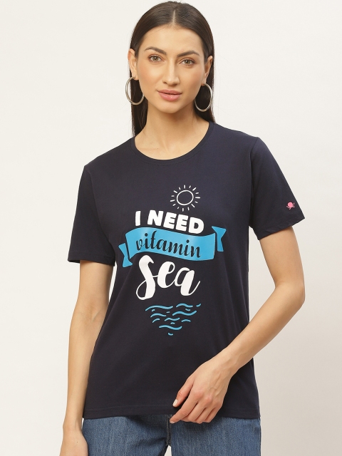 

PRINTOCTOPUS Women Navy Blue Printed Round Neck T-shirt