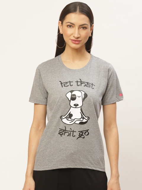 

PRINTOCTOPUS Women Grey Melange White Printed Round Neck Pure Cotton T-shirt