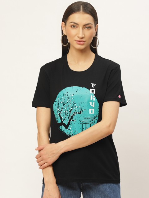 

PRINTOCTOPUS Women Black & Blue Printed Round Neck T-shirt